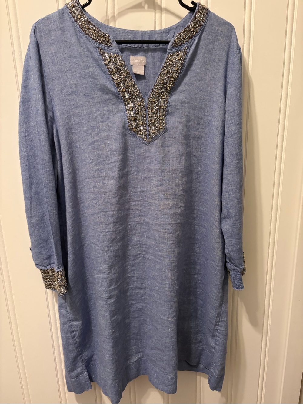 Chico’s Blue Linen Blend Embellished Beaded Tunic Dress Top Size 2 Boho Resort - Picture 2 of 14